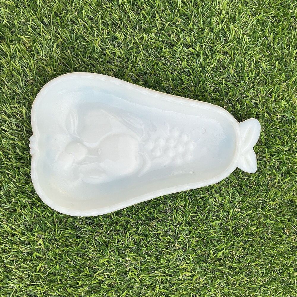 Vintage Hazel Atlas Milk Glass Pear Shaped Dish Embossed Fruit Floral 8”